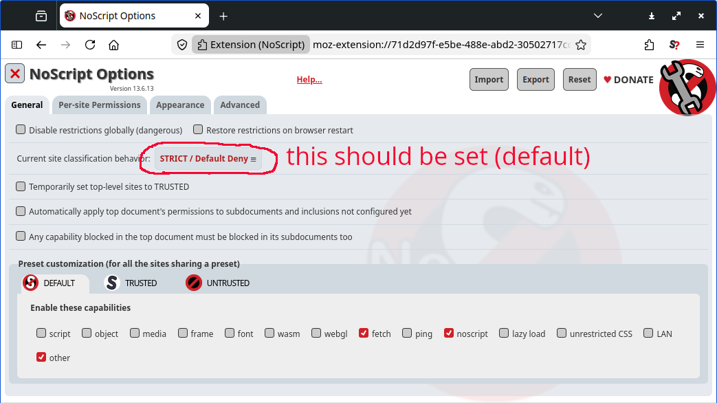 noscript default settings